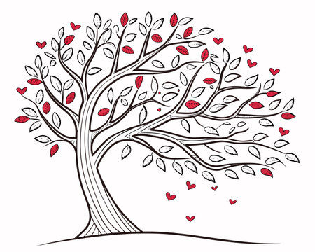 Art tree silhouette with heart shape isolated on white background, vector illustrationのイラスト素材