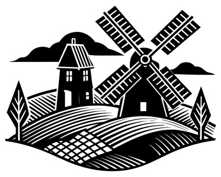 farm with windmill and farmhouse, black and white vector illustrationのイラスト素材