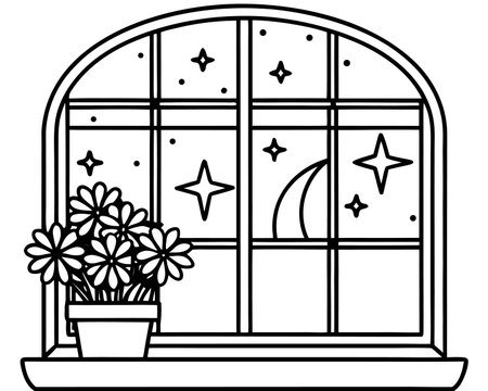 Window with flowers and stars. Black and white vector illustration for coloring book.のイラスト素材