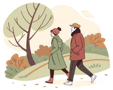 Couple walking in autumn park. Vector illustration in flat cartoon styleのイラスト素材