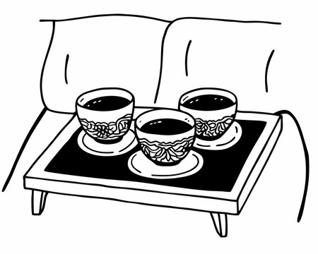 Coffee cups on a table. Vector illustration in doodle style.のイラスト素材