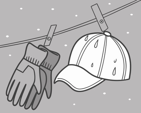 Vector illustration of a hat, gloves and gloves on a clothesline.のイラスト素材