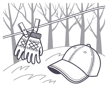 baseball cap and gloves on a rope in the winter forest, vector illustrationのイラスト素材
