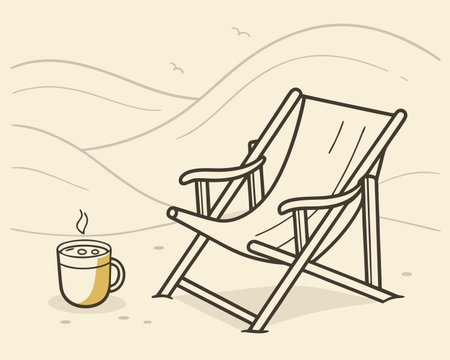 Illustration of a deck chair with a cup of coffee on the beachのイラスト素材