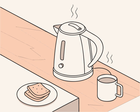 Illustration of a kettle and a cup of coffee on the tableのイラスト素材