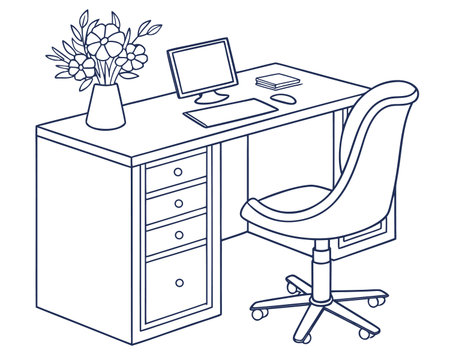 workplace desk with computer and flower vase vector illustration graphic designのイラスト素材
