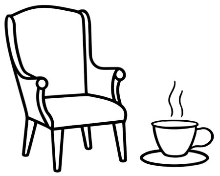 Armchair and coffee cup, vector illustration, doodle styleのイラスト素材