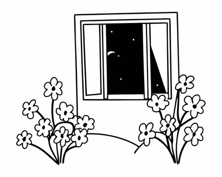 window with flowers icon cartoon in black and white vector illustration graphic designのイラスト素材
