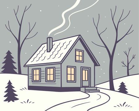 Winter landscape with house and trees. Vector illustration in flat style.のイラスト素材