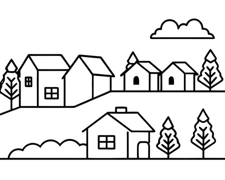 village landscape with houses and trees line style icon vector illustration designのイラスト素材