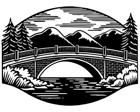 Bridge over the river. Vector illustration in black and white colors.のイラスト素材