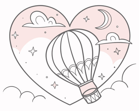 Hot air balloon in the shape of a heart. Vector illustration.のイラスト素材