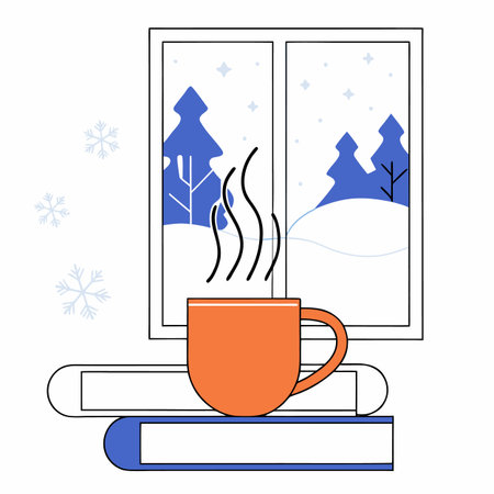 Cup of coffee and book on the windowsill. Vector illustrationのイラスト素材