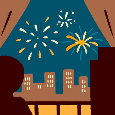 Night cityscape with fireworks and a boy. Vector illustration in flat style.のイラスト素材