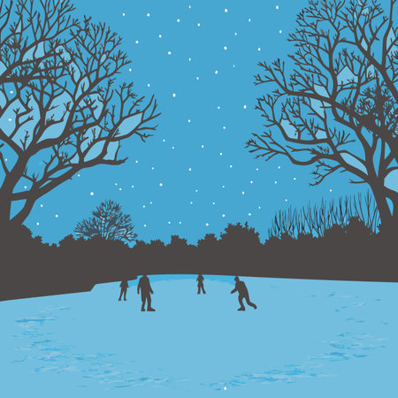 Winter landscape with trees and children. Vector illustration. Eps 10.のイラスト素材