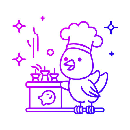Cute little chicken cooking in the kitchen. Vector line icon.のイラスト素材
