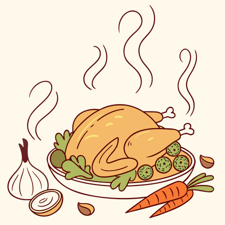 Roast chicken with vegetables and spices on a plate. Vector illustration.のイラスト素材