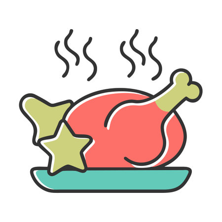 Roast chicken thin line icon. Vector illustration of roasted chicken on plate with star.のイラスト素材