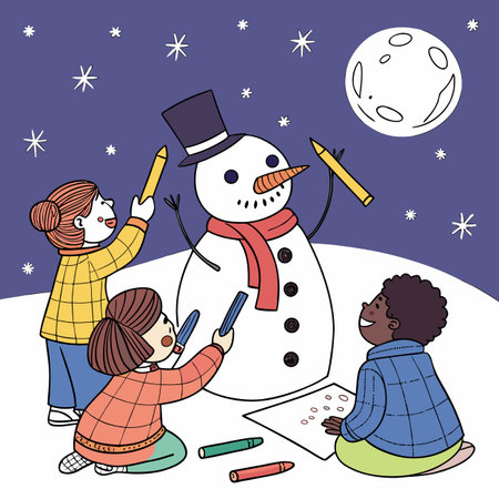 Children drawing a snowman. Vector illustration in hand drawn style.のイラスト素材