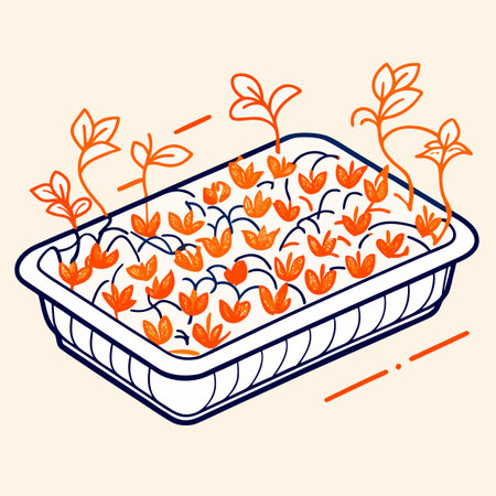 Planting seedlings of tulips in a tray. Vector illustration.のイラスト素材