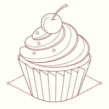 Cupcake with cherry on top. Vector illustration in outline style.のイラスト素材