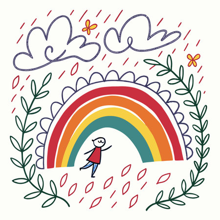 Hand drawn vector illustration of a girl walking on a rainbow with raindrops.のイラスト素材