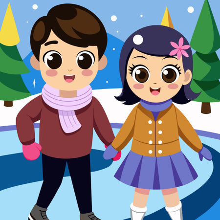 cute boy and girl ice skating in the park vector illustration designのイラスト素材