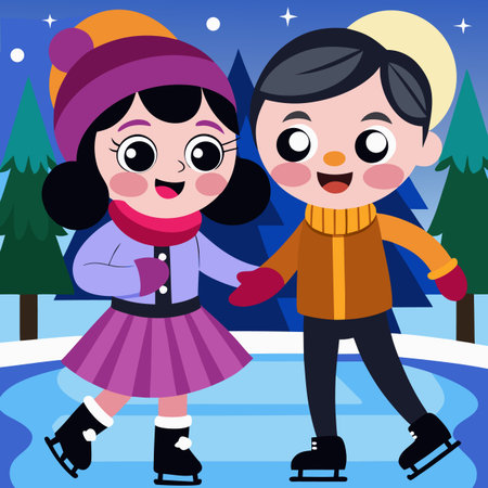 Cute Little Boy and Girl Ice Skating in Winter Park Vector Illustrationのイラスト素材