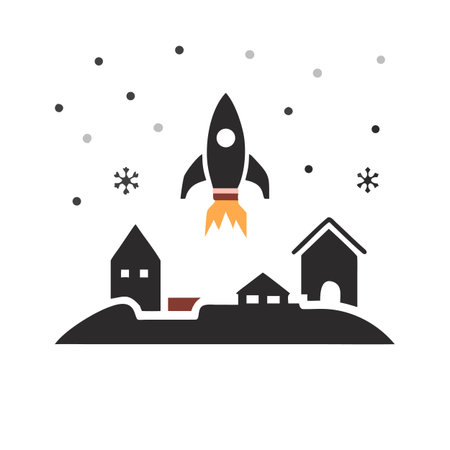Rocket, house, snow. Flat design vector illustration for web and mobileのイラスト素材