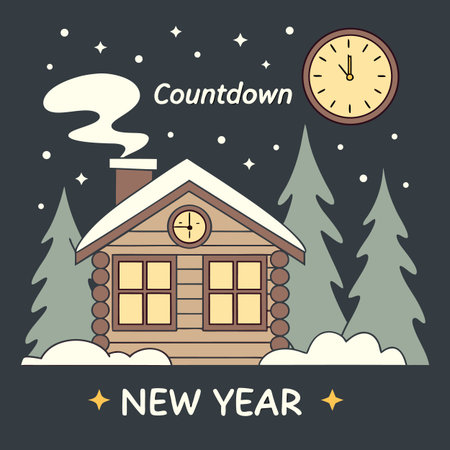 New Year card. Vector illustration of a wooden house with a clock.のイラスト素材