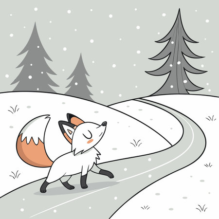 Cute fox on the road in winter forest. Vector illustration.のイラスト素材