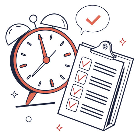 Alarm clock and clipboard with checklist on white background. Vector illustration.のイラスト素材