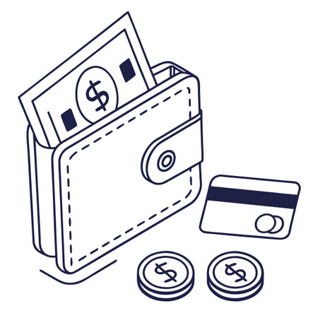 Wallet with money and coins. Vector illustration in thin line style.のイラスト素材
