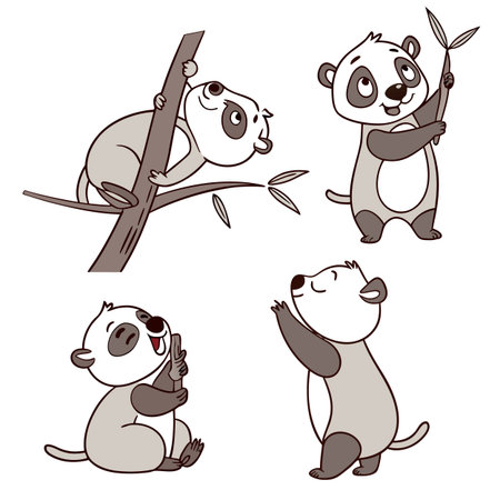 Adorable vector character designs of cute animals shown in various playful poses, suitable for stickers, children's books, and branding.のイラスト素材