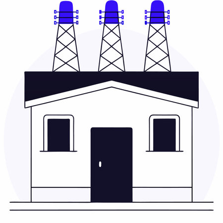 A minimalist line art icon of a house with a lightning bolt symbol, representing domestic electricity and power.のイラスト素材