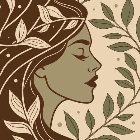 An artistic representation of Mother Earth combining a woman's face with natural elements like leaves.のイラスト素材