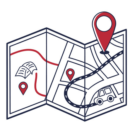 Flat design vector icon of a digital map with a route path and location pin for travel navigation.のイラスト素材
