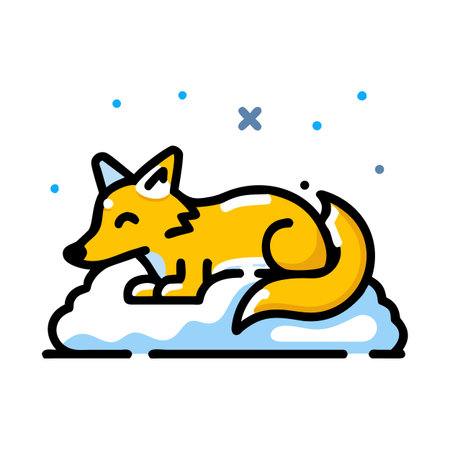 A beautiful illustration of a red fox curled up and resting on the white snow during the winter season.のイラスト素材
