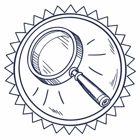 A clear, hand-drawn circular logo featuring a magnifying glass icon, representing search, discovery, analysis, and detail.のイラスト素材
