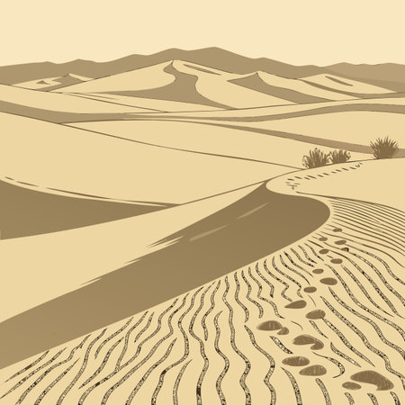 An abstract representation of a sand wave landscape, characterized by soft, undulating curves and warm, natural earthy tones, evoking a calm desert scene.のイラスト素材