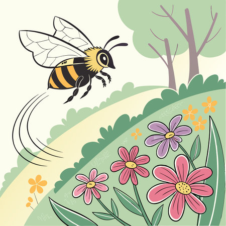 A charming vector illustration of a bee in flight above colorful flowers, enhanced with soft motion lines to convey movement and a sense of liveliness.のイラスト素材