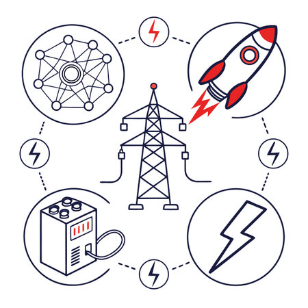 Six flat design icons representing a smart power grid and electricity, suitable for energy, technology, and utility concepts.のイラスト素材