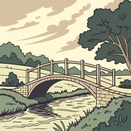 A charming vector illustration showcasing a rustic bridge gracefully spanning a calm, meandering river in the countryside.のイラスト素材