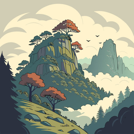 A cinematic, wide-angle view of a fantastical world with floating mountains, evoking wonder and epic scale.のイラスト素材
