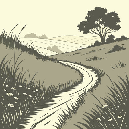 A beautiful vector illustration of a quiet countryside trail winding through lush, tall grass.のイラスト素材