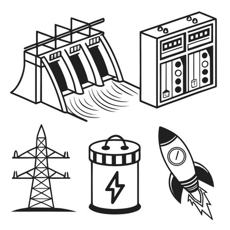 A set of six minimalist vector icons, including a hydro power dam and water symbols, perfect for representing clean energy, natural resources, and environmental projects.のイラスト素材