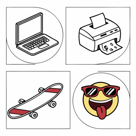 Six modern flat design icons featuring a laptop and sunglasses, suitable for themes of technology,...