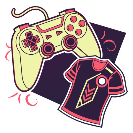 A dynamic t-shirt design featuring a gaming controller illuminated with a vibrant neon effect.のイラスト素材