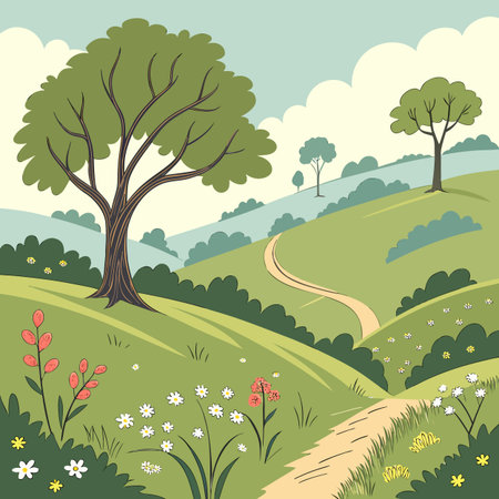 A vector illustration depicting the natural contours of a hillside terrain, emphasizing organic shapes and undeveloped natural environments.のイラスト素材