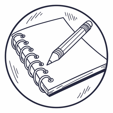 A simple, hand-drawn round logo with a pencil and notebook icon, representing education, learning, journaling, and creative work.のイラスト素材